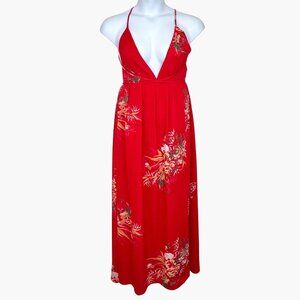 Size Large Red Floral Halter Maxi Dress Plunging Neckline Backless Design EUC